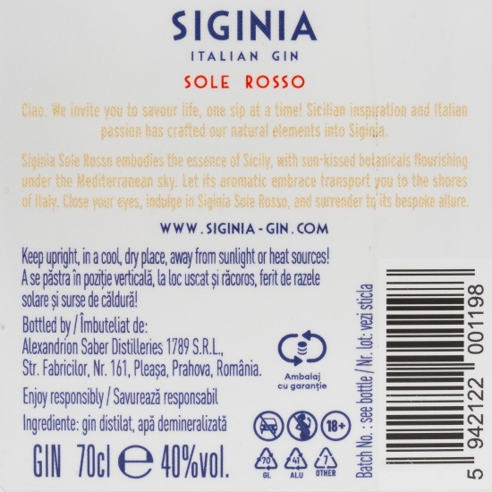 Gin Sole Rosso, 40%, 0.7l