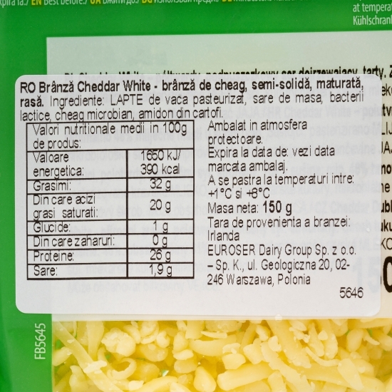 Brânză Irish Cheddar White (alb), rasă 150g