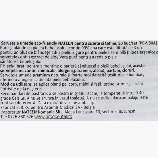 Șervețele umede tetine și suzete, eco-friendly, Premium Line 99% apă, 80 buc