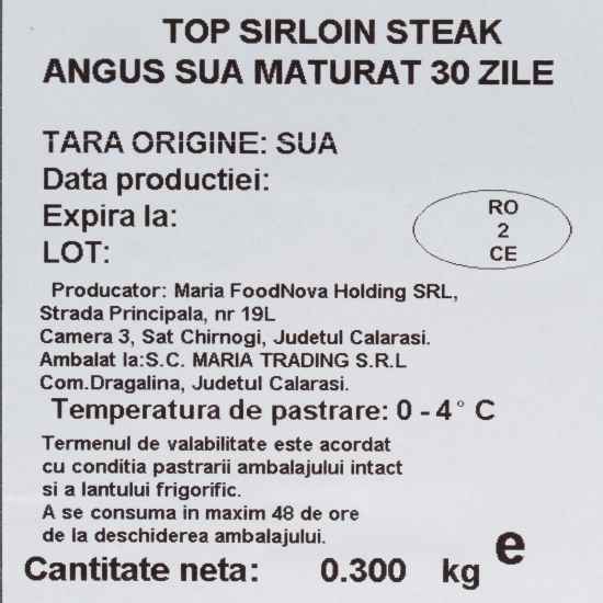 Top Sirloin steak de Black Angus din SUA, maturat 30 de zile 300g