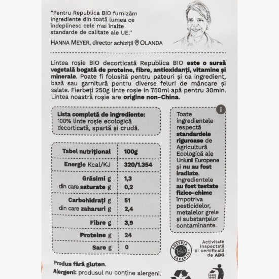 Linte roșie ecologică decorticată, fără gluten 500g