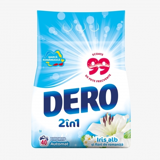 Detergent de rufe pudră automat 2în1 iris alb și flori de romaniță 40 spălări, 4kg
