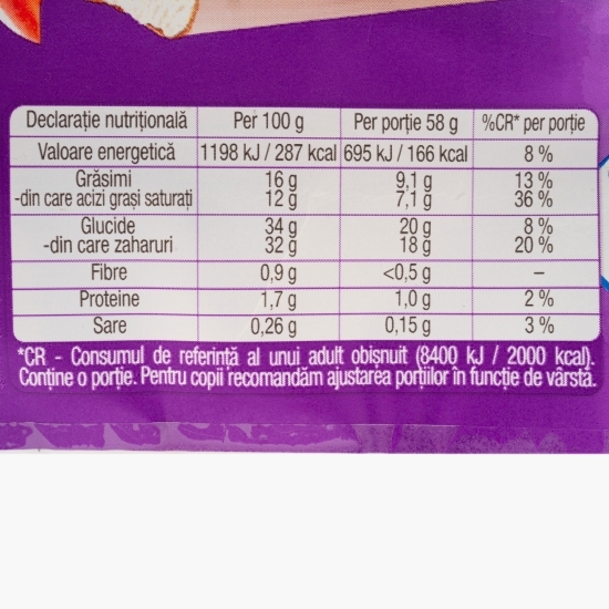 Îngheţată cu aromă de vanilie, cu sirop de căpşuni şi înveliş de cacao 77ml