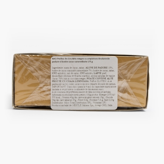 Praline ciocolată neagră cu alune de pădure și boabe de cacao caramelizate 175g