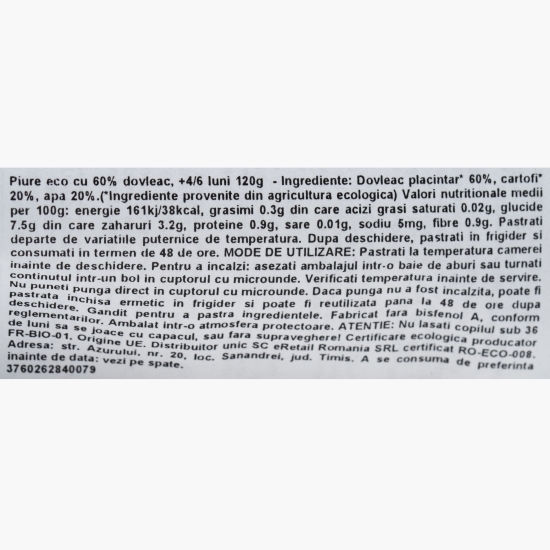 Piure eco cu 60% dovleac, +4/6 luni, 120g