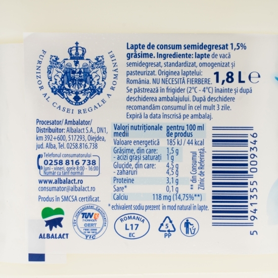 Lapte semidegresat 1.5% grăsime 1.8l