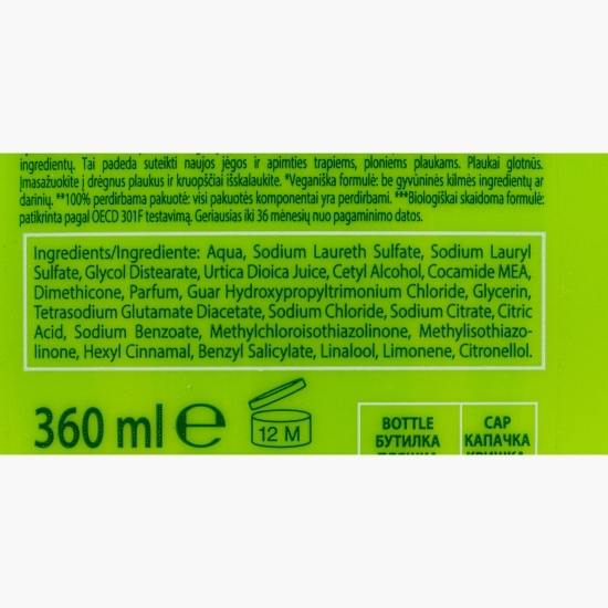 Șampon pentru păr fragil cu tendințe de rupere, cu extract de urzică 360ml
