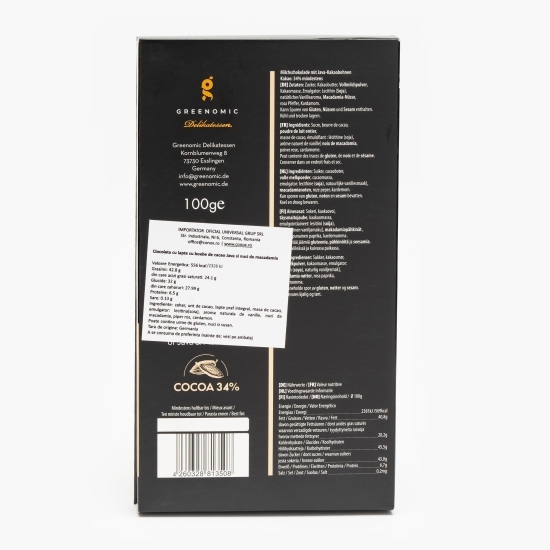 Ciocolată cu lapte cu boabe de cacao java și nuci de macadamia 100g