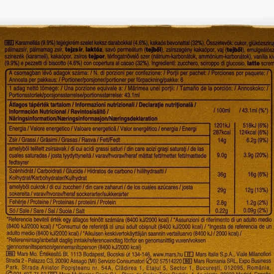 Înghețată cu lapte, caramel şi bucăţi de biscuit, acoperită cu glazură de cacao 6x43.1ml