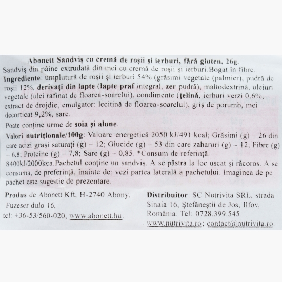 Sandviș cu roșii și ierburi aromatice, fără gluten, 26g