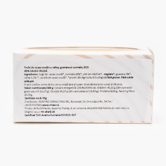 Trufe de cacao crudă cu cafea, guarana și curmale eco 55g
