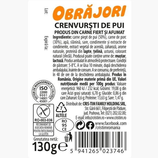 Crenvurști din piept de pui Obrăjori 130g