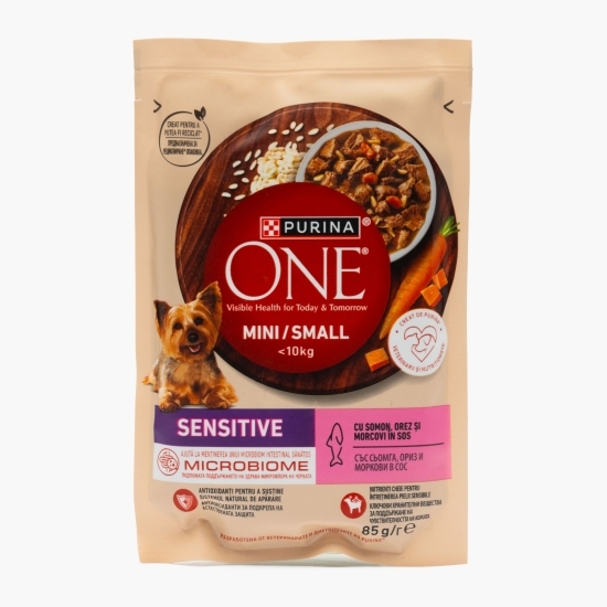 Hrană umedă pentru câini Mini Adult Sensitive, 85g, cu somon, orez și morcovi 