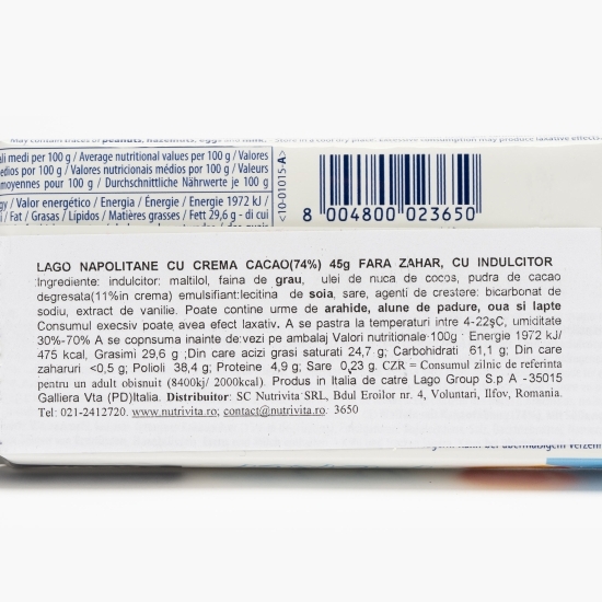 Napolitană cu cremă de cacao fără zahăr 45g