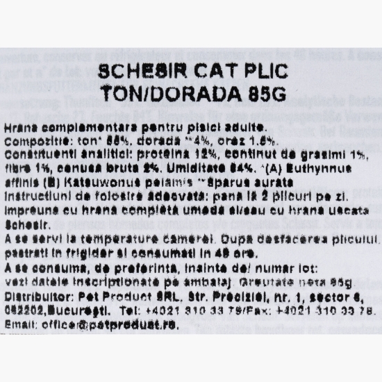 Hrană umedă pentru pisici, 85g, cu ton și doradă