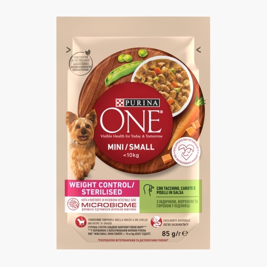 Hrană umedă pentru câini One Mini pentru controlul greutății, 85g, curcan, morcov și mazăre în sos