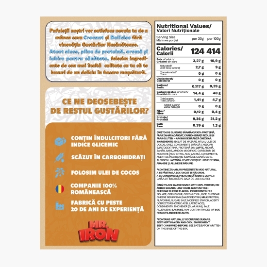 Pufuleți cu aromă de brânză cheddar, cu 30% proteină, fără zahăr și fără gluten, low carb 100g