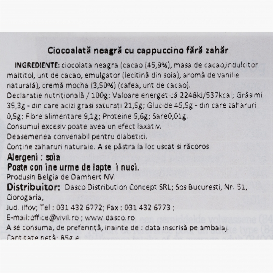 Ciocolată neagră cu aromă cappuccino, fără zahăr 85g
