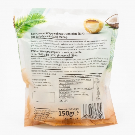 Drajeuri cu cocos acoperite cu ciocolată albă și umplute cu rom 150g