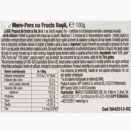 Piure ECO de fructe roșii, mere, pere și fier, +1 an, 100g
