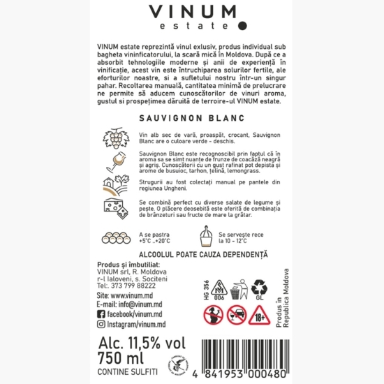 Vin alb sec Sauvignon Blanc 2021, 11.5%, 0.75l