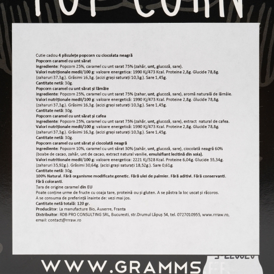 Cutie cadou 4 pliculețe popcorn cu ciocolată neagră 120g