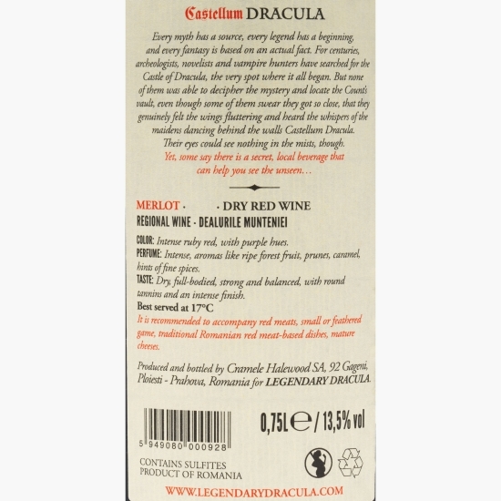 Vin roșu sec Merlot, 13.5%, 750ml