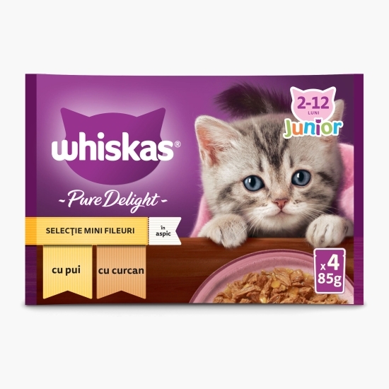 Hrană umedă pentru pisici junior, 4 x 85g, Pure Delight cu carne de pasăre în aspic