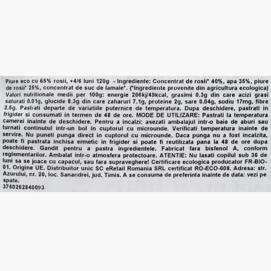 Piure eco cu 65% roșii, +4/6 luni, 120g