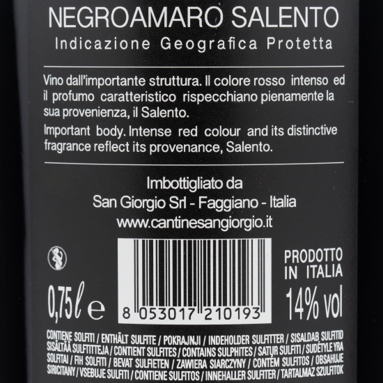 Vin roșu sec Sentieri Infiniti Negroamaro Salento, 14%, 0.75l