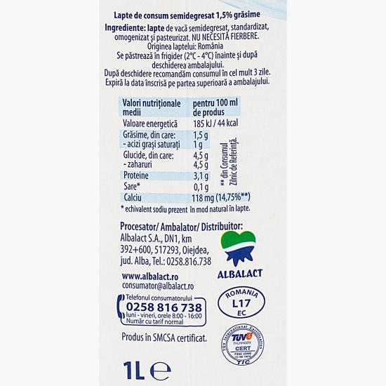 Lapte 1.5% grăsime 1l