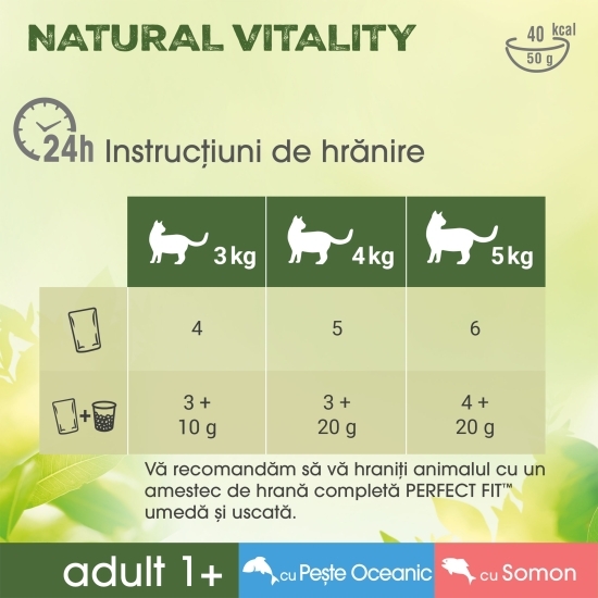 Hrană umedă pentru pisici, 6x50g, Natural Vitality  Adult 1+, cu pește oceanic și somon