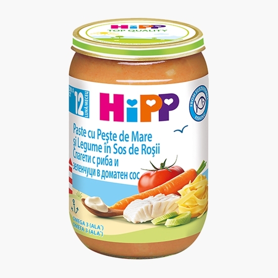 Piure ecologic cu pește de mare și legume în sos de roșii, +12 luni, 220g