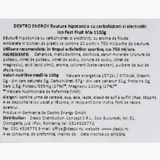 Băutură hipotonică cu carbohidrați și electroliți Fruit Mix 1120g