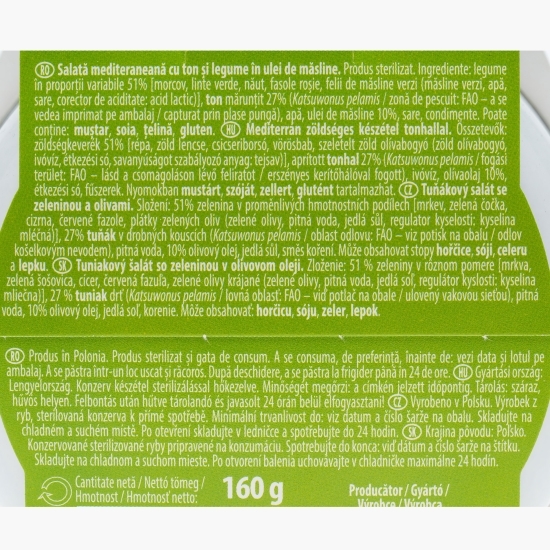 Salată mediteraneană cu ton și legume în ulei de măsline 160g