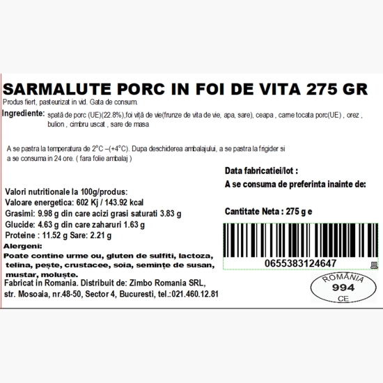 Sărmăluțe de porc în foi de viță 275g
