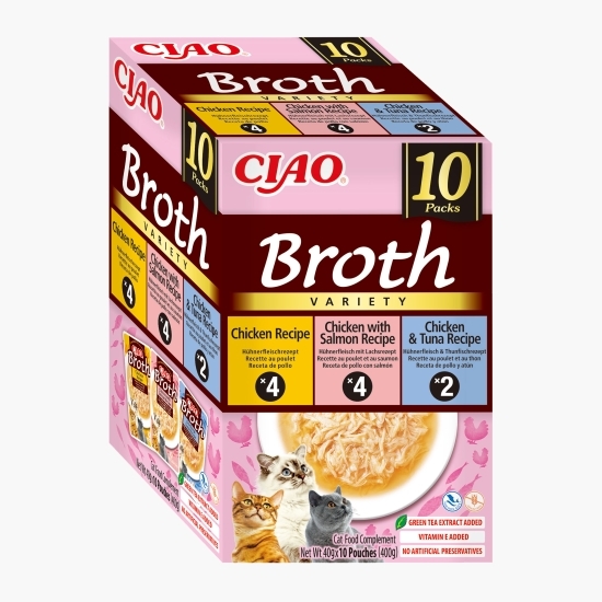 Hrană umedă pentru pisici Ciao Broth Variety Pack, 10 plicuri x 40g, cu pui, pui și somon, pui și ton