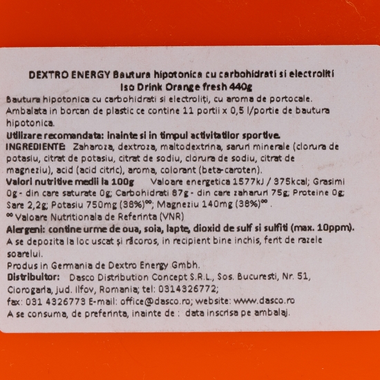 Băutură hipotonică cu carbohidrați și electroliți Orange Fresh 440g