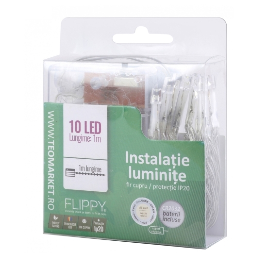 Instalație de Crăciun, 1m, cu baterii tip liniar, 2 jocuri de lumini, fir transparent, 10 LED -uri