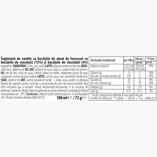 Înghețată de vanilie cu bucățele de fursecuri și ciocolată 0.1l