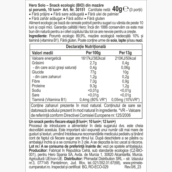 Snack eco din mazăre și porumb, +10 luni, 40g