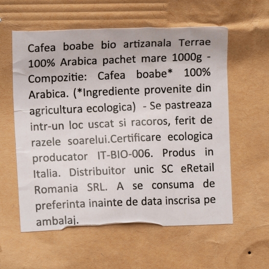 Cafea boabe eco artizanală Arabica Terrae pachet mare 1kg