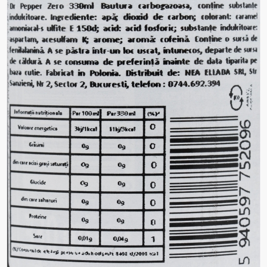 Băutură carbogazoasă Zero zahăr 0.33l