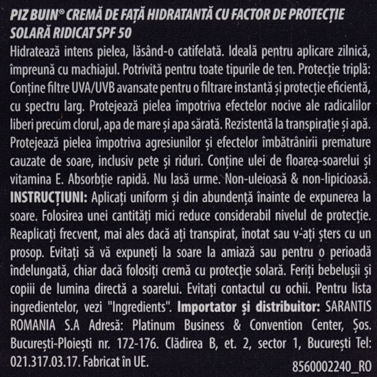 Cremă de față hidratantă cu factor de protecție solară SPF 50, 50ml