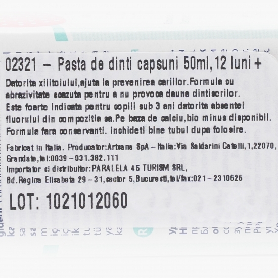 Pastă de dinți pentru copii fără fluor cu aromă de căpșuni, 1-5 ani, 50ml
