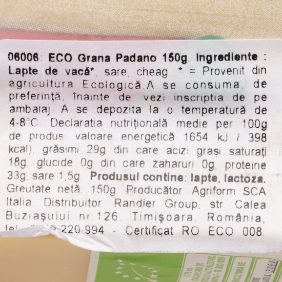 Brânză Grana Padano eco maturată 10 luni, 150g