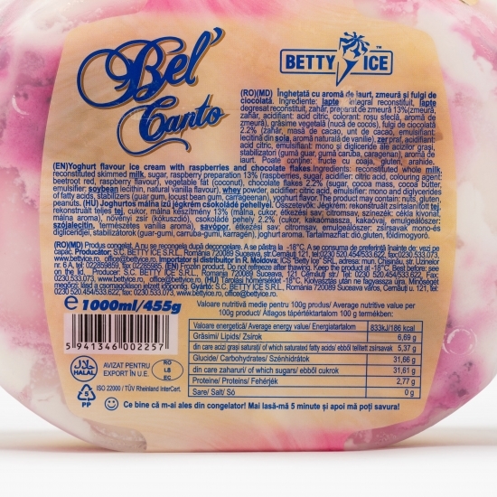 Înghețată aromă iaurt cu zmeură și fulgi de ciocolată 455g