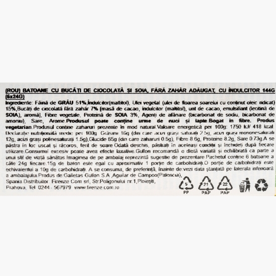 Batoane cu bucăți de ciocolată și soia, fără zahăr adăugat 144g