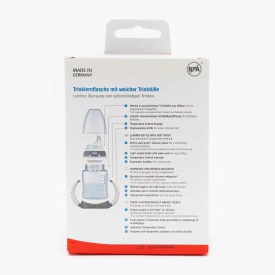 Biberon cu toarte + tetină din silicon de învățare, albastru, 6-18 luni, 150ml