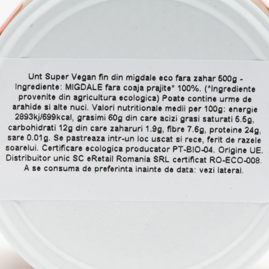 Cremă tartinabilă eco din migdale Smooth Super Vegan, fără zahăr adăugat 500g